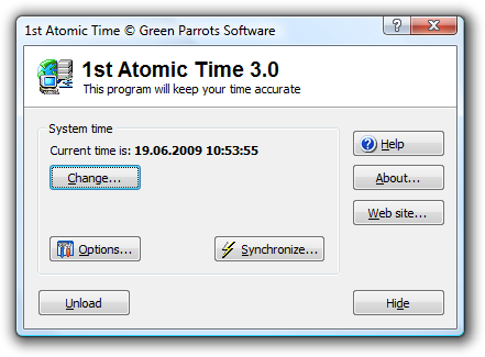 1st Atomic Time main window. You can access all program functions from this window.