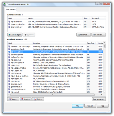 Customization of a list of time servers used for synchronization. Click to enlarge...
