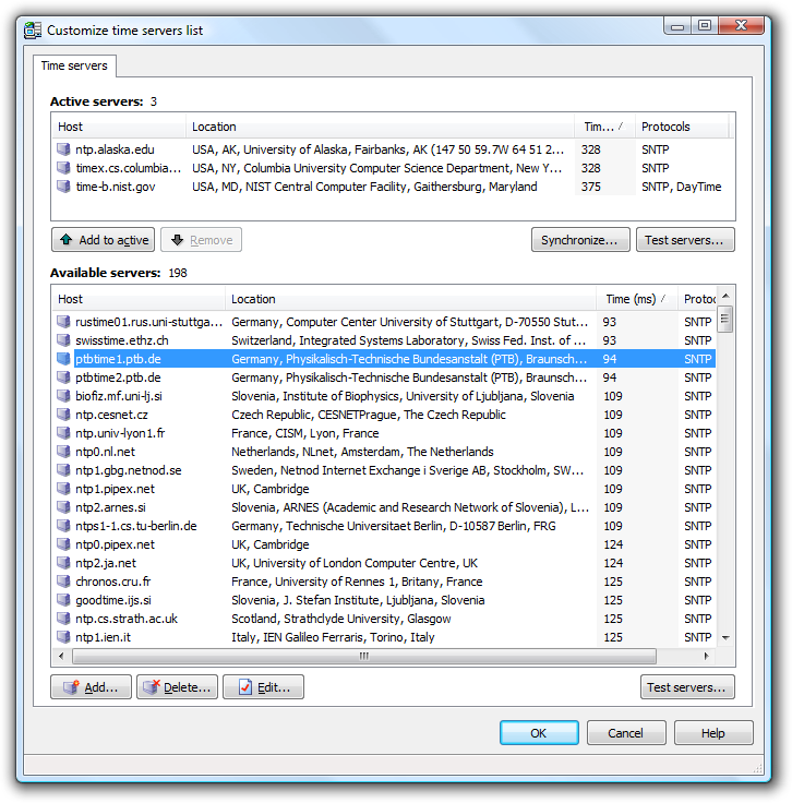 Customization of a list of time servers used for synchronization.