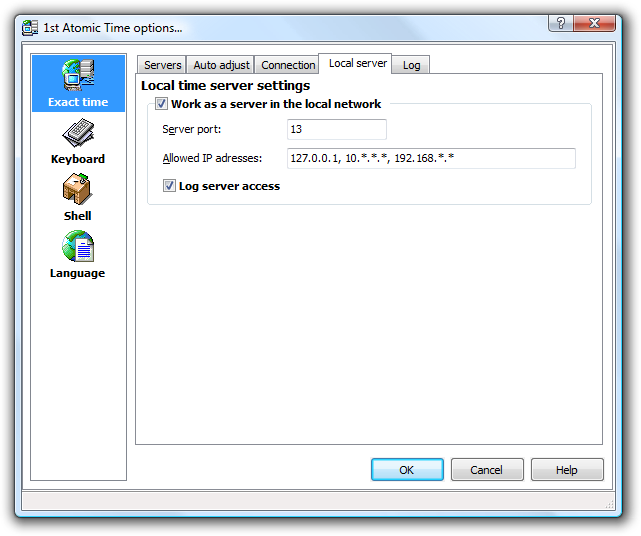 1st Atomic Time Options Dialog. Work as a local server option is turned on.