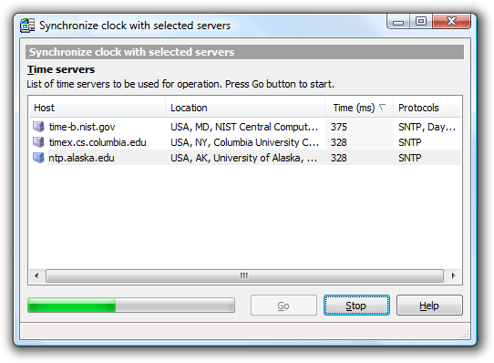 Synchronization in process. This window displays time servers and overall progress. You may stop the process at any time by pressing the Stop button.